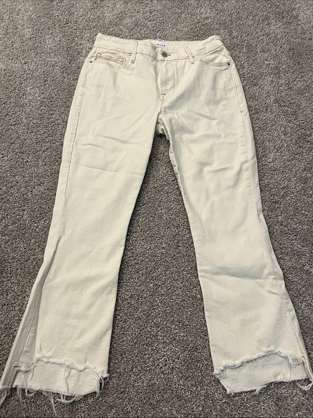Frame Denim Off-White Wide-Leg Jeans with Frayed Hem